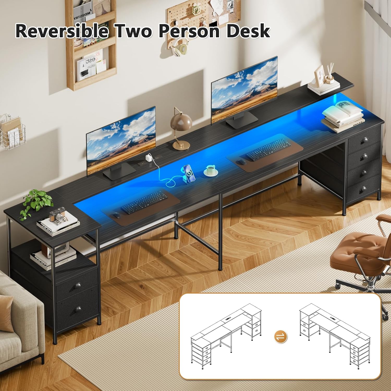 Furologee 95' Two Person Computer Gaming Desk, Long 2 Person Home Office Desk with 6 Drawers & Storage Shelves, Double Table with Power Outlets, LED Lights and Full Monitor Shelf, Black