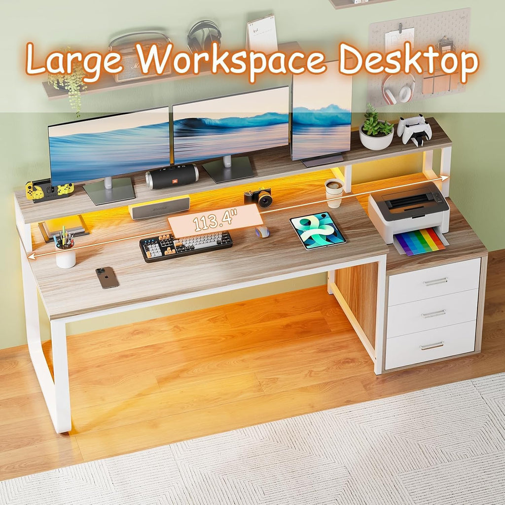 HOMBCK 67' Computer Desk with 3 Drawers, Home Office Desk with Long Monitor Stand and Printer Space, Office Desk with Storage & LED Lights, Writing Desk with Drawers, Walnut and White