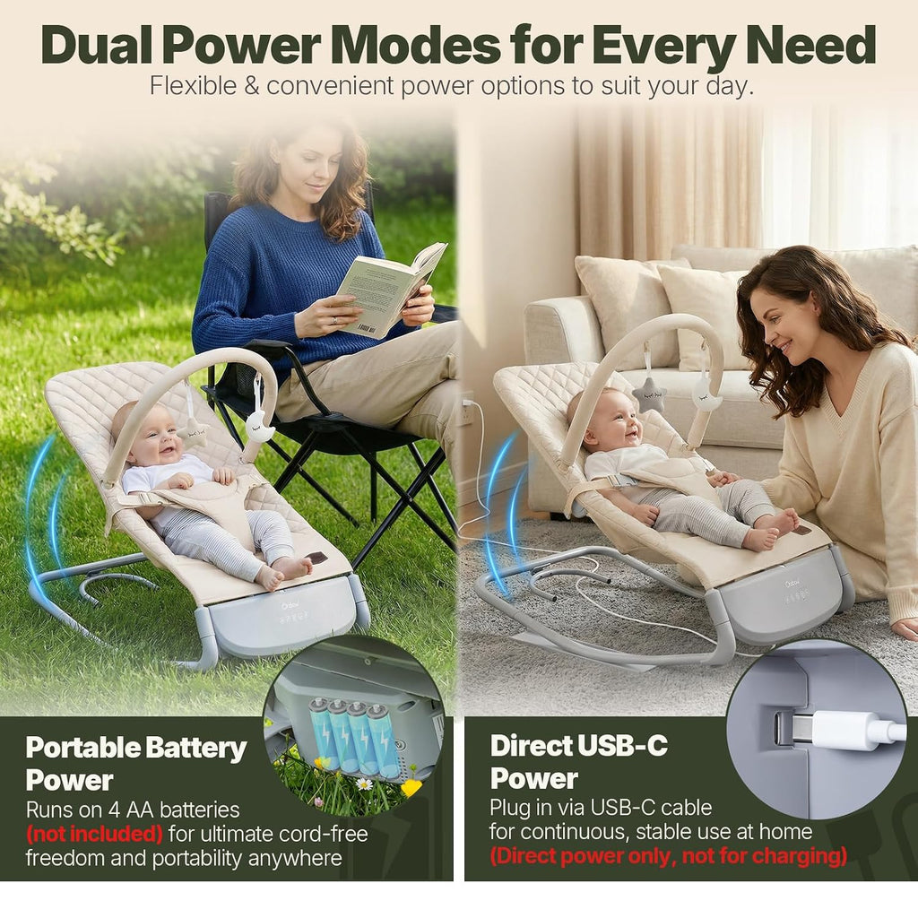 Orzbow Electric Baby Bouncer & Rocker with Innovative Auto Rocking Motion, Adaptable 3-Speed, Smart Tap Sensing, Soothing Sounds, and 3 Recline Positions, 2-in-1 Automatic Baby Rocker Chair, Beige