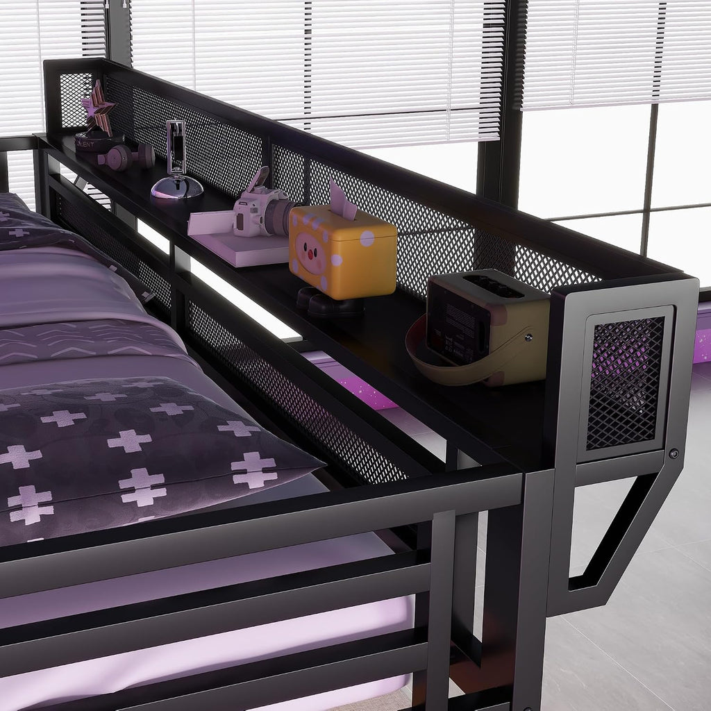 Queen Size Loft Bed with Stairs & Desk, Metal High Gaming Loft Bed Queen Frame with Storage Shelves, RGB Light & Charging Station, Heavy-Duty Beds with Closet for Adults,Teens, Kids, All Black