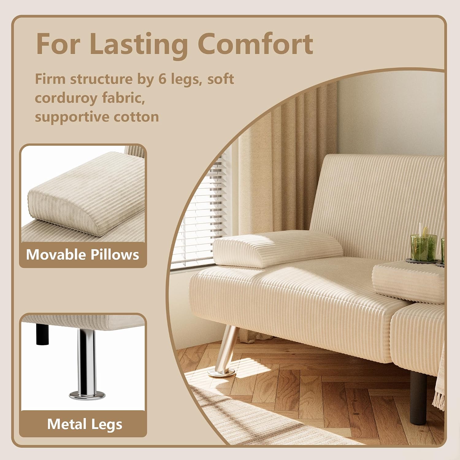 Flamaker Futon Sofa Bed Corduroy Folding Couch Adjustable Sleeper Sofa Bed for Small Apartment Upholstered Living Room Furniture Set with 2 Cup Holders Removable Armrests (Corduroy, Beige)