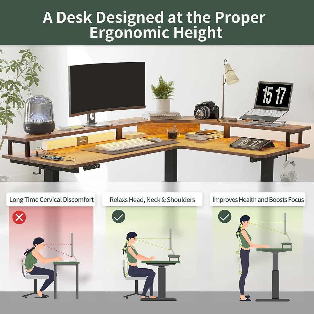 FEZIBO 63' Triple Motor L Shaped Standing Desk with LED Strip & Power Outlets, Height Adjustable Stand up Corner Gaming Desk with Ergonomic Monitor Stand, Rustic Brown Top/Black Frame