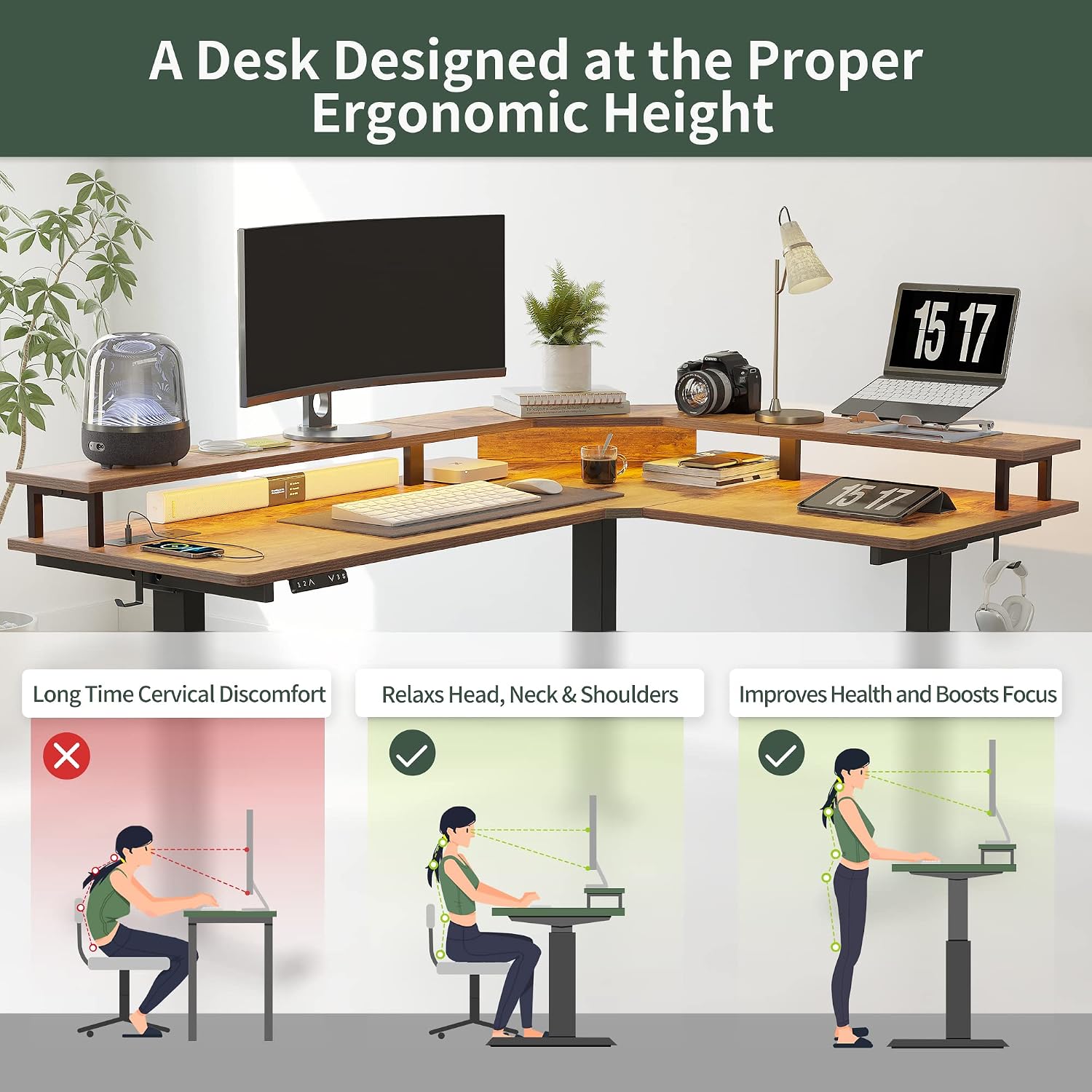 FEZIBO 63' Triple Motor L Shaped Standing Desk with LED Strip & Power Outlets, Height Adjustable Stand up Corner Gaming Desk with Ergonomic Monitor Stand, Rustic Brown Top/Black Frame