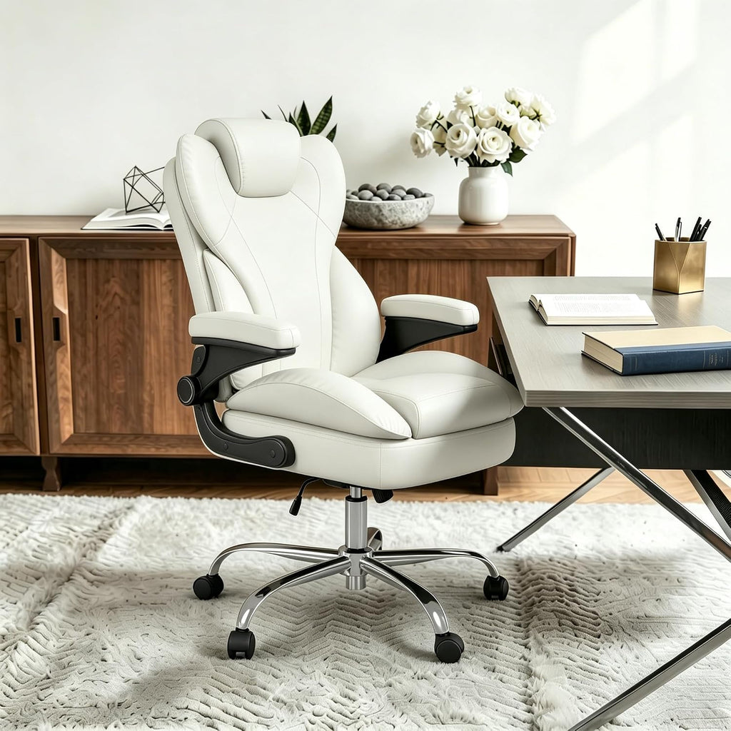 Office Desk Chair, Executive Leather Office Chair, High Back Ergonomic Home Desk Chair with Padded Flip-up Arms, Big and Tall Computer Chair with Rocking Function, 360°Swivel Free, White