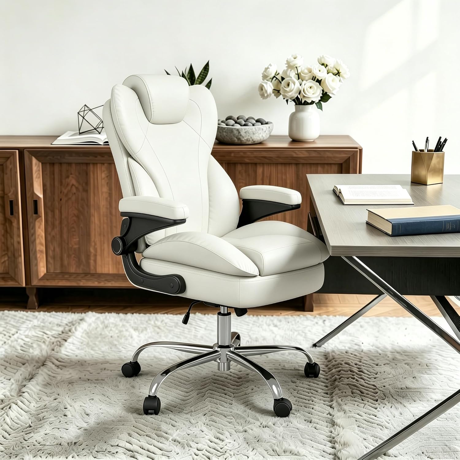 Office Desk Chair, Executive Leather Office Chair, High Back Ergonomic Home Desk Chair with Padded Flip-up Arms, Big and Tall Computer Chair with Rocking Function, 360°Swivel Free, White