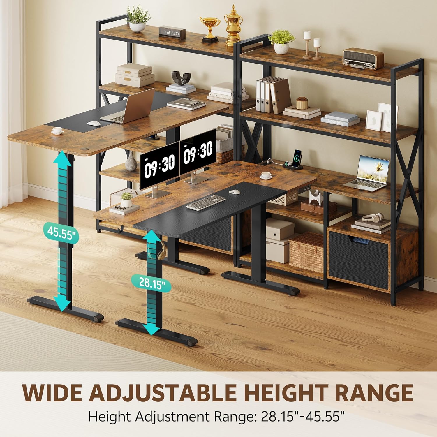 77.8 Inches L Shaped Standing Desk Corner Desk with Hutch Electric Height Adjustable Desk with Storage Shelves File Drawer Power Outlets Reversible Computer Gaming Desk for Home Office, Brown