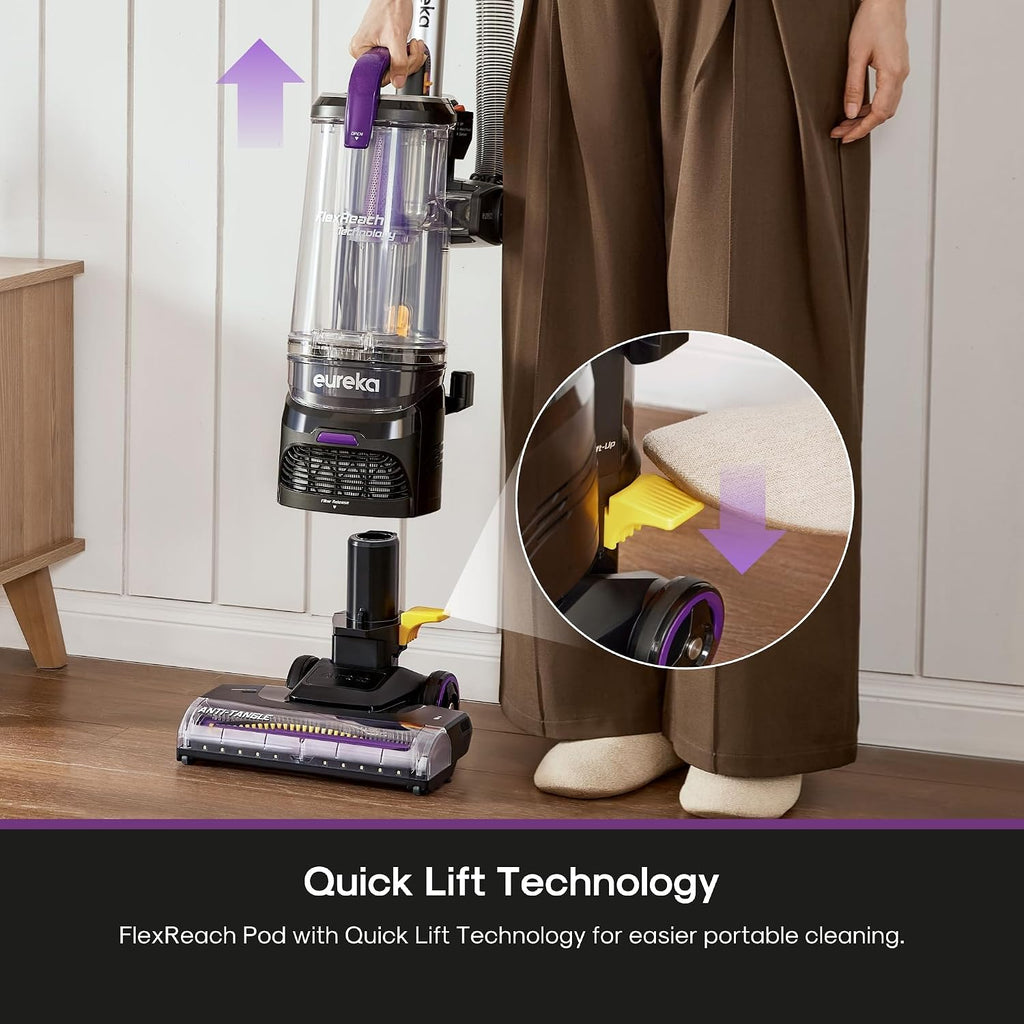 Eureka FlexReach Powerful Upright Vacuum Cleaner for Carpet and Hard Floor, Lift-Up Vacuum with Large Dust Cup, Anti-Tangle, NEU651PL, Purple