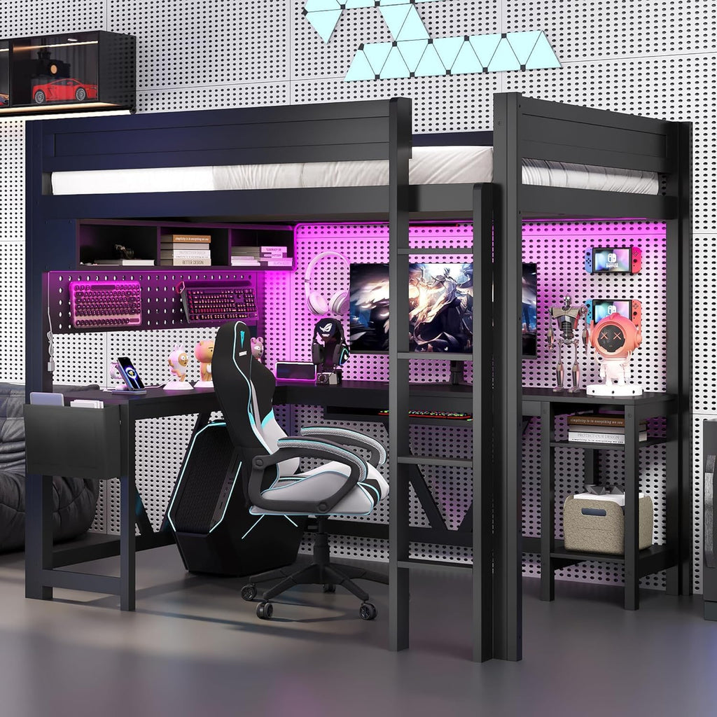 Virubi Full Gaming Loft Bed with Desk and Storage Shelves, LED RGB and Charging Station, Wood High Loft Bed with Storage Case, Ladders,and Guardrails for Adults Teens (Black)