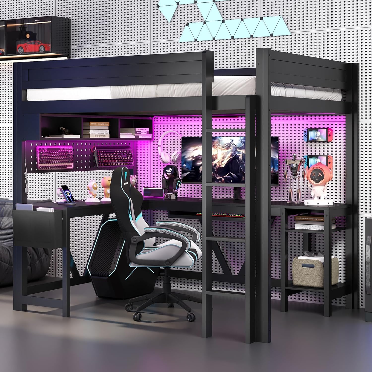 Virubi Full Gaming Loft Bed with Desk and Storage Shelves, LED RGB and Charging Station, Wood High Loft Bed with Storage Case, Ladders,and Guardrails for Adults Teens (Black)
