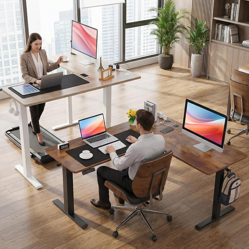 63' L Shaped Standing Desk with Charging Station,Supports Left and Right Swapping,Electric Height Adjustable Corner Stand Up Desk.Free Hook, Lockable Wheels,Mouse Pad,Oak