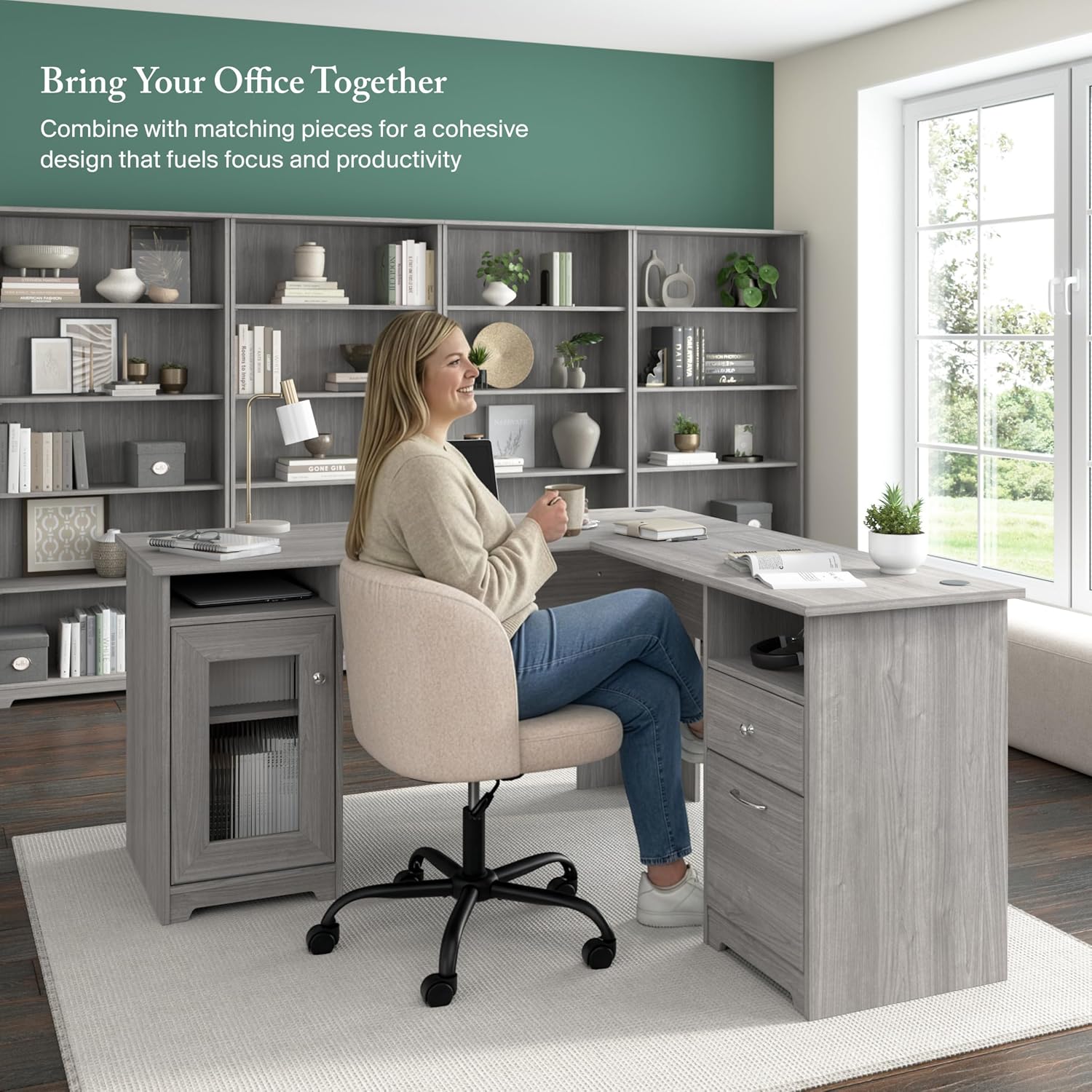 Bush Home Cabot 60W L Shaped Computer Desk with Storage in Modern Gray, 60-inch Corner Table with Drawers for Home Office Workspace