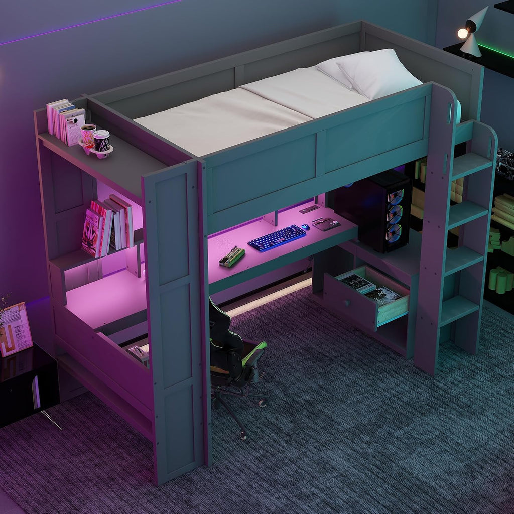 Twin Size Gaming Loft Bed with Desk & Storage Drawers & Shelves & Charging Station & LED,Wood Loft Bed Frame with Cabinets,Bookshelf,Safety Guardrail and Ladder for Gamers Kids Teens Aldults,Dark Gray