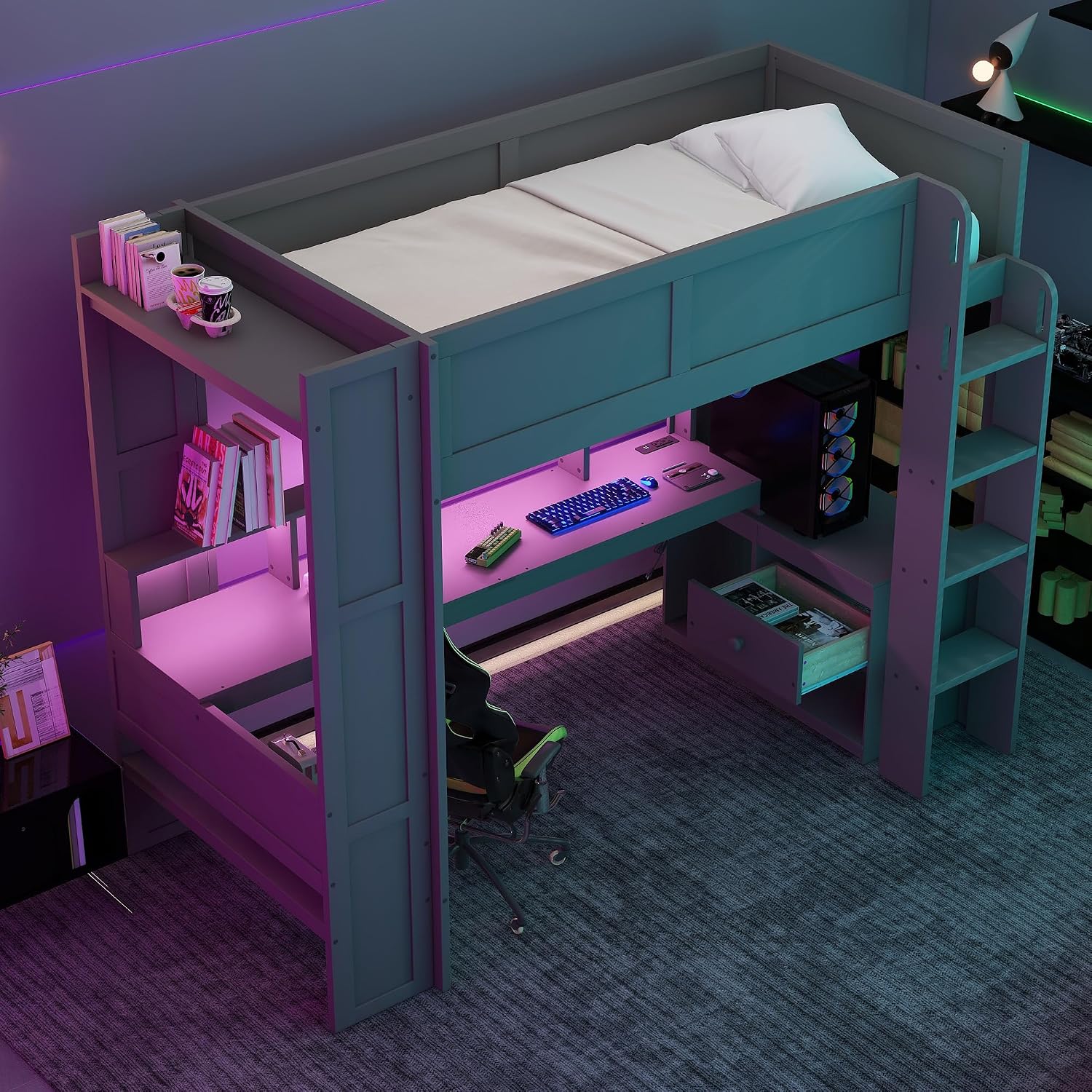 Twin Size Gaming Loft Bed with Desk & Storage Drawers & Shelves & Charging Station & LED,Wood Loft Bed Frame with Cabinets,Bookshelf,Safety Guardrail and Ladder for Gamers Kids Teens Aldults,Dark Gray