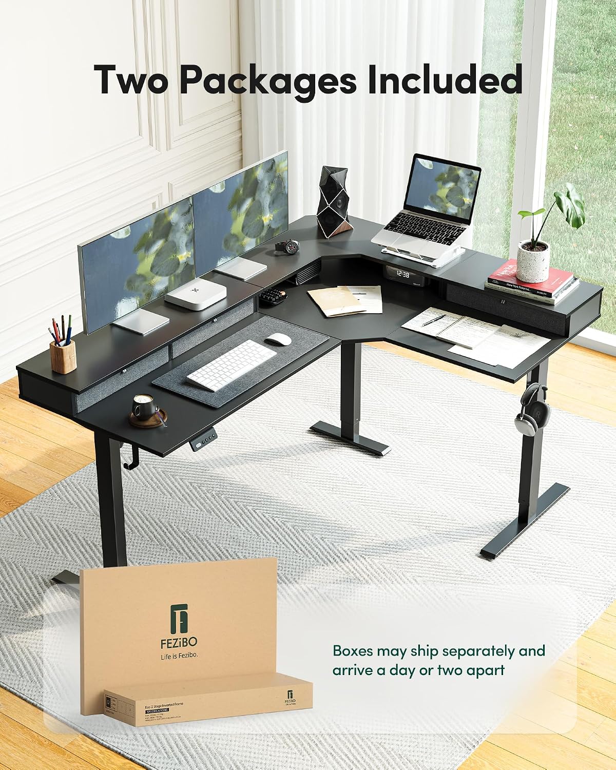 FEZIBO L-Shaped Electric Standing Desk, 63 x 48 Inches Large Height Adjustable, Corner Desk with Drawers, Ergonomic Computer Table, Black Top