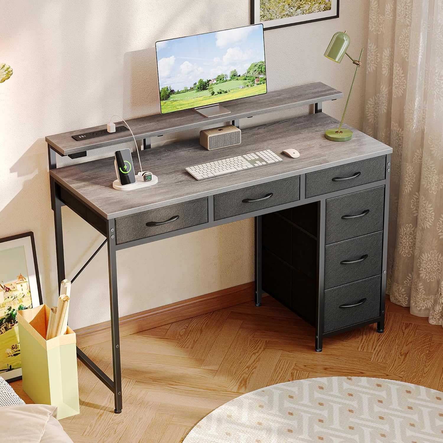 Huuger Gaming Desk with 6 Drawers, Computer Desk with LED Lights Power Outlets and Type-C, 39 Inch Office Desk with Storage, Monitor Stand, Writing Desk Work Desk for Home Office, Bedroom, Study, Grey