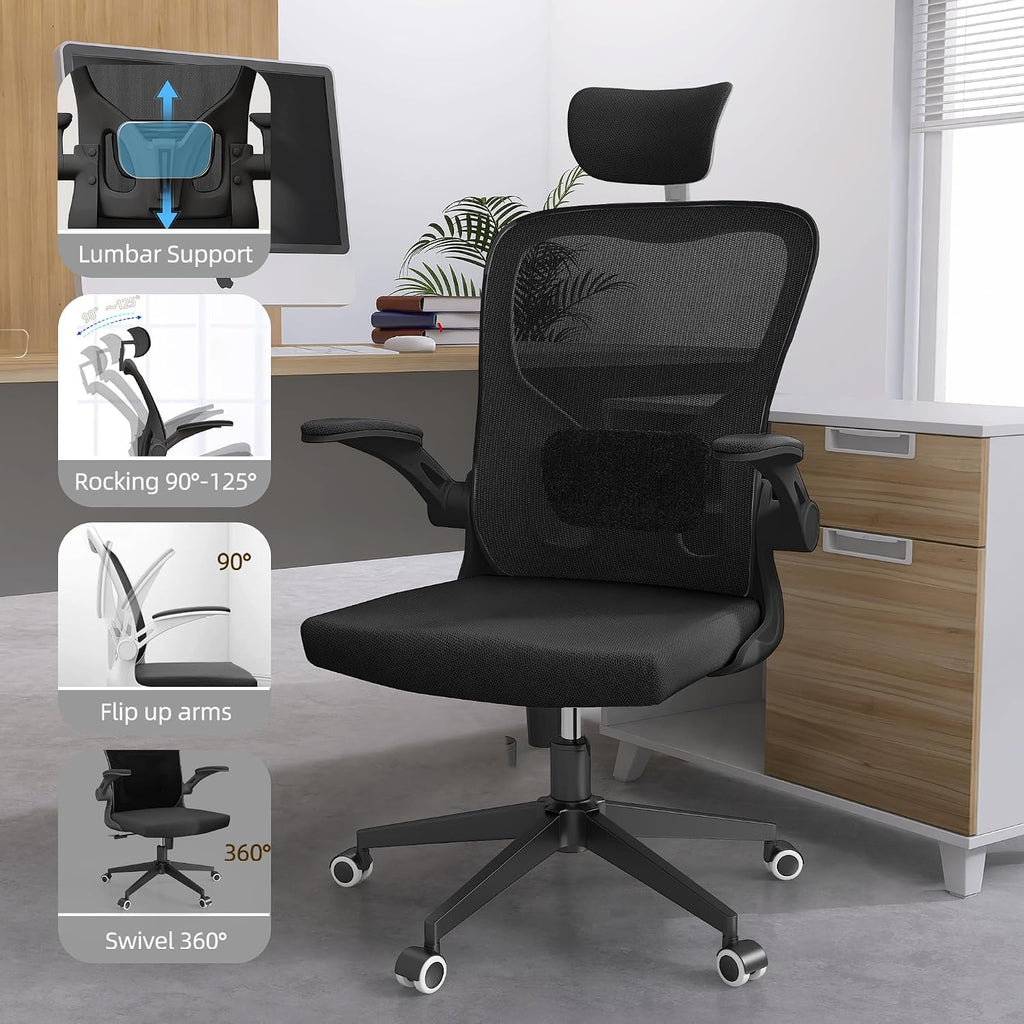 Monhey Black Office Chair, Ergonomic Office Chair, Home Office Desk Chair for Big and Tall People, Computer Chair with Adjustable Headrest, Lumbar Support, Flip-Up Arms, PU Wheels