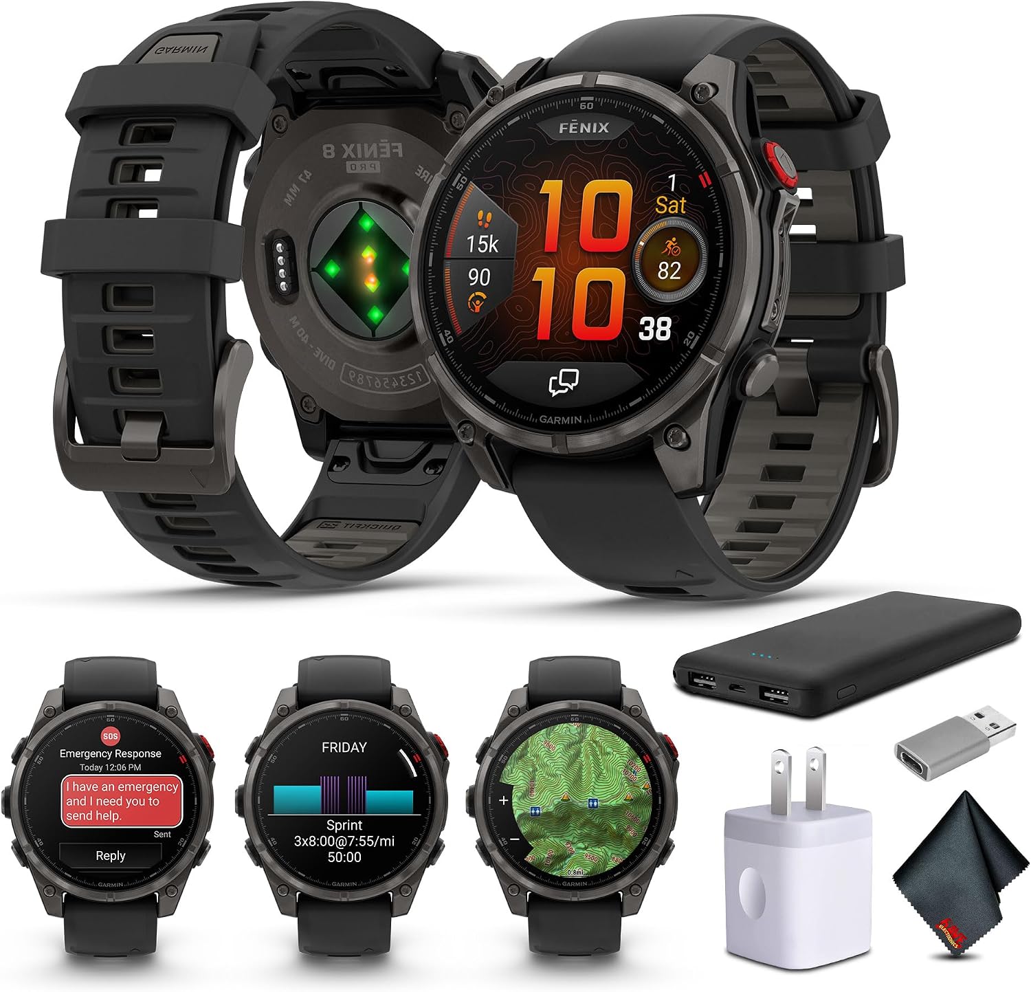 Garmin Fenix 8 Pro 47mm, inReach Technology, Premium Connected Multisport GPS Smartwatch, AMOLED Display, Sapphire, Carbon Gray DLC Titanium with Black/Pebble Gray Silicone Band Bundle