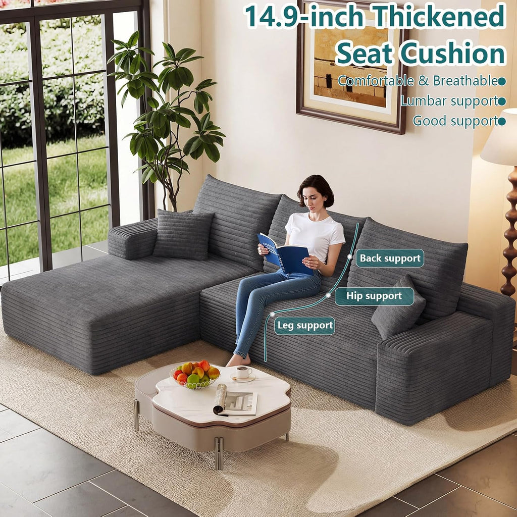 95' Modular Sectional Couch, Boneless L Shaped Cloud Sofa with Chaise Lounge, Corduroy Upholstered Couches Memory Foam Deep Seat, No Assembly Required, Ideal for Living Room(Dark Gray, Left Facing)