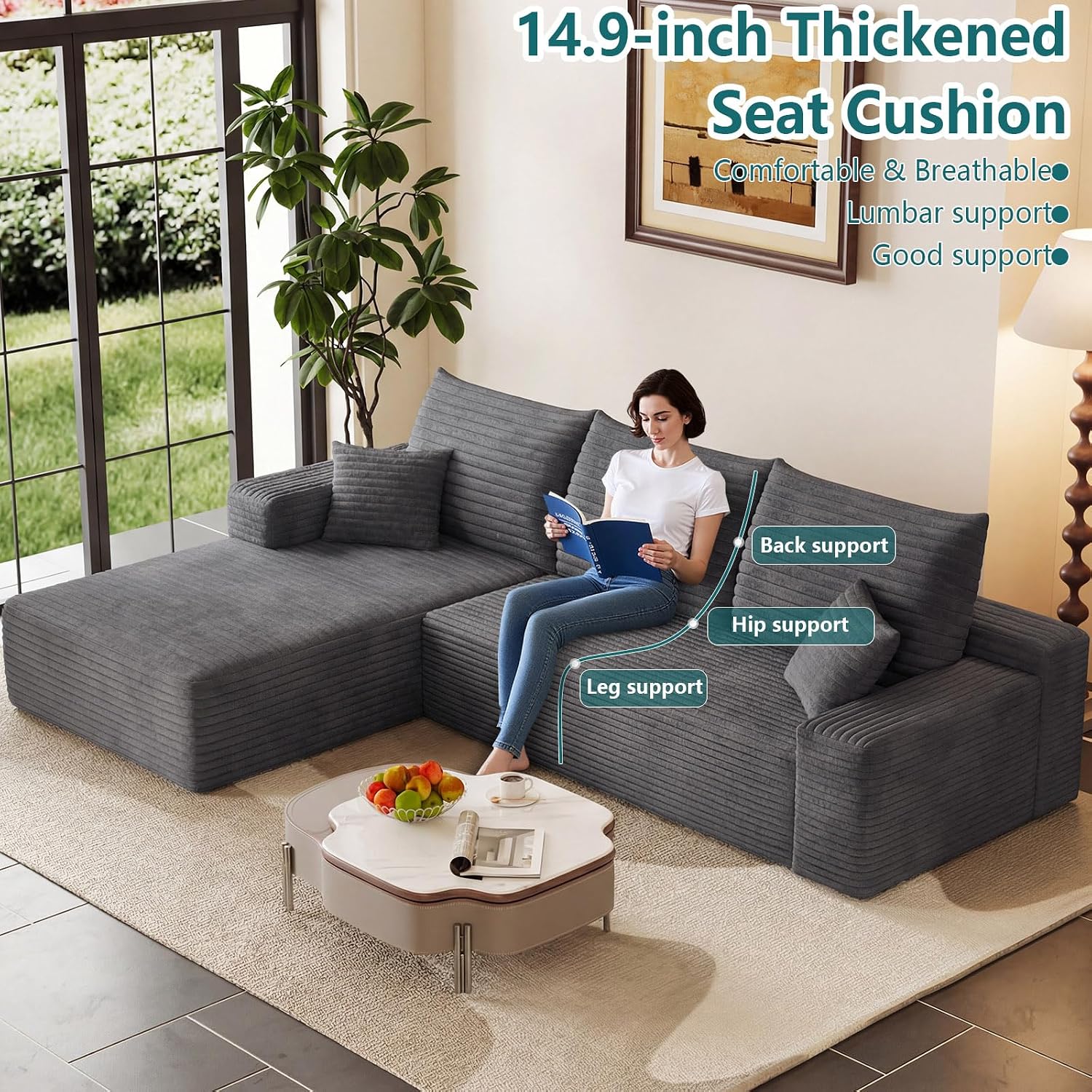 95' Modular Sectional Couch, Boneless L Shaped Cloud Sofa with Chaise Lounge, Corduroy Upholstered Couches Memory Foam Deep Seat, No Assembly Required, Ideal for Living Room(Dark Gray, Left Facing)