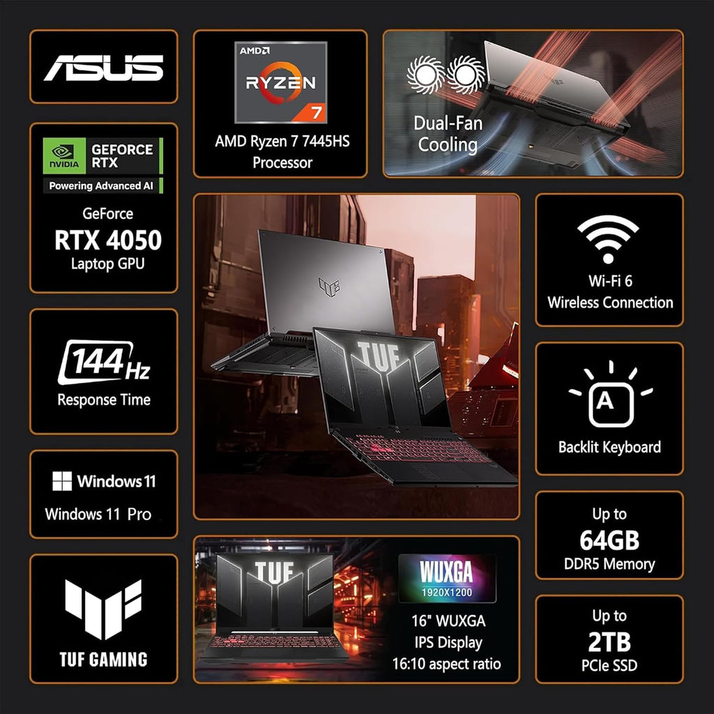 ASUS TUF Gaming A16 Laptop, 16' WUXGA IPS 144Hz FHD, AMD 6-core Ryzen 7 7445HS, 128GB DDR5 2TB SSD, NVIDIA GeForce RTX 4050 (Up to 194 AI Tops), RGB Backlit Keyboard, Wi-Fi, Bluetooth, Windows 11 Pro