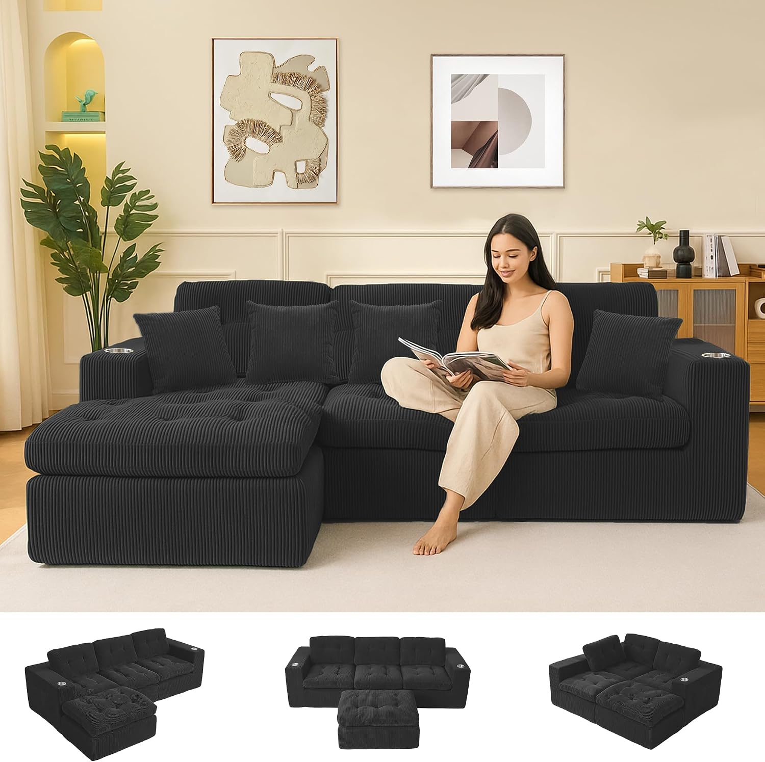 108 inch Boneless L Shaped Modular Sofa Bed, 50' Deep Seat Corduroy Sectional Couch with Ottoman No Assembly, 1400lbs Capacity Cloud Sleeper for Living Room Apartment (Matte Black)