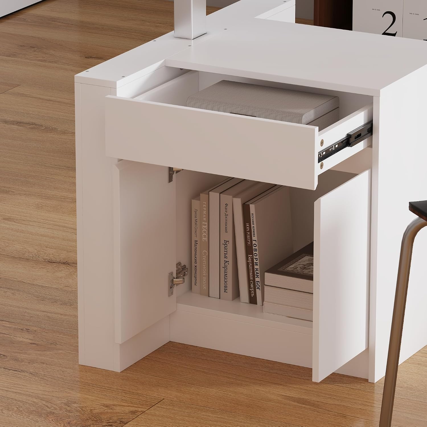 70.9' W Height Adjustable Standing Desk with Drawers & Cabinet, Electric Stand up Desk with Storage, I Shaped Home Office Table Corner Computer Workstation, White (29.5'-44.1' H)