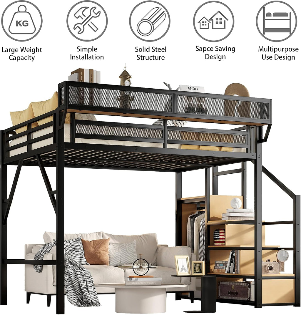 Queen Size Loft Bed Frame for Adults,Metal Lofts Bed Queen with Stairs & Storage Shelves, Heavy Duty High LoftBed with Wardrobe for Teens,Girls Boys, No Box Spring Needed, No Noise, Black