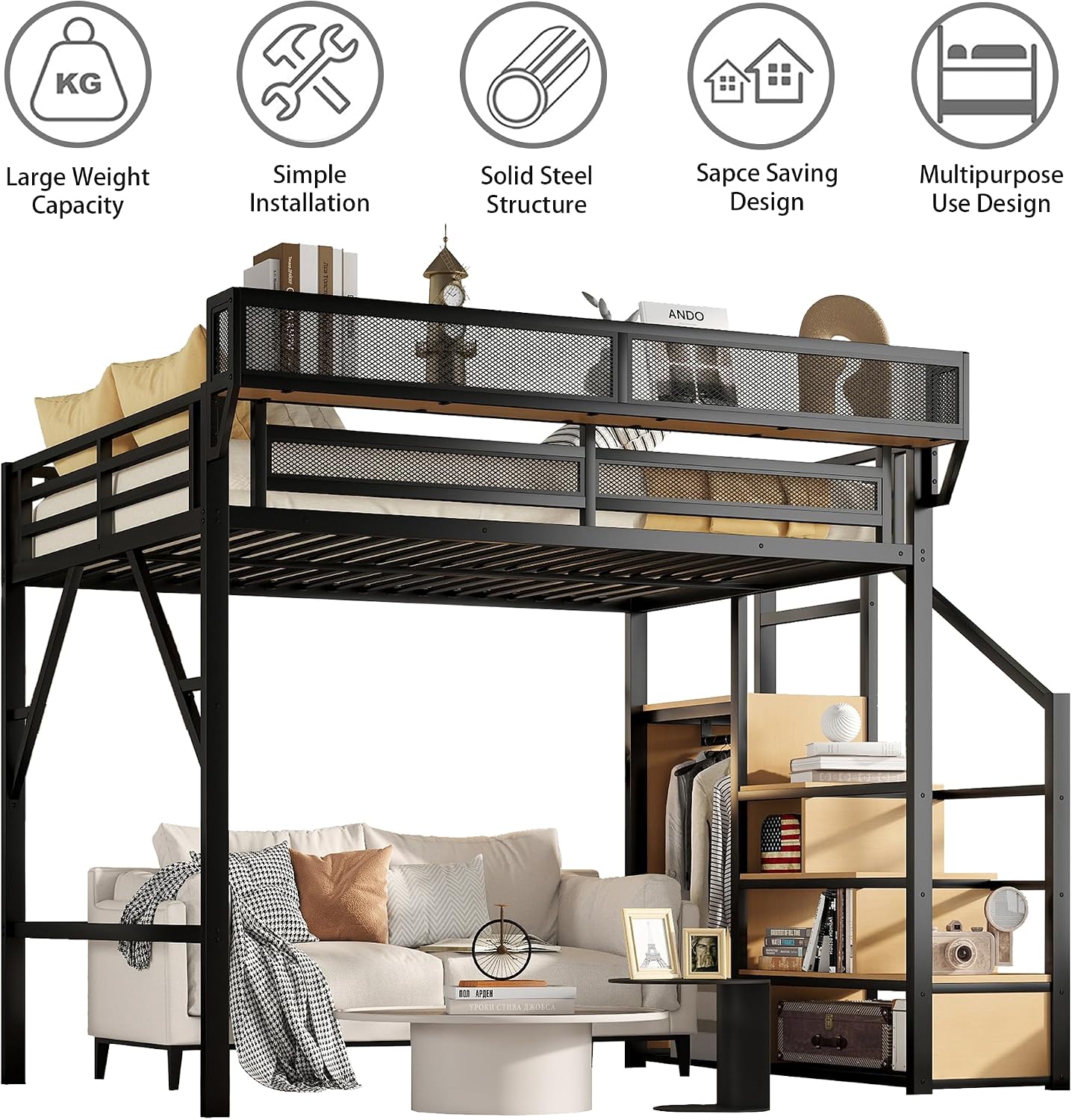 Queen Size Loft Bed Frame for Adults,Metal Lofts Bed Queen with Stairs & Storage Shelves, Heavy Duty High LoftBed with Wardrobe for Teens,Girls Boys, No Box Spring Needed, No Noise, Black