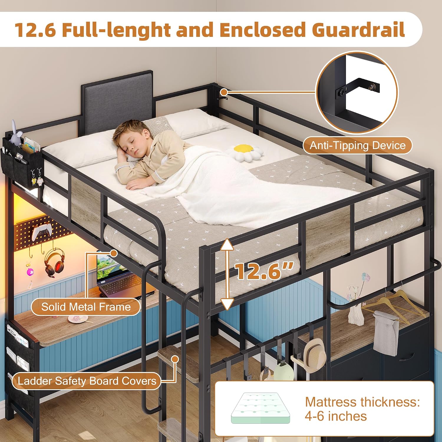 Dnxao Full Size Loft Bed with Desk, Heavy Duty Metal Bed Frame for Teens Adults, 6 Storage Drawers, Power Outlet with Type-C, LED Lights, Integrated Study Workstation for Small Room,Oak Gray