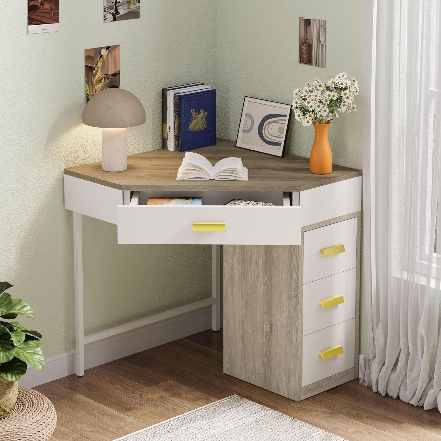 Tribesigns Corner Desk, Triangle Computer Desk with 3 Drawers, 90-Degree Writing Desk PC Table Makeup Vanity Desk with Storage for Home Office, Living Room, Bedroom (Grey+White)