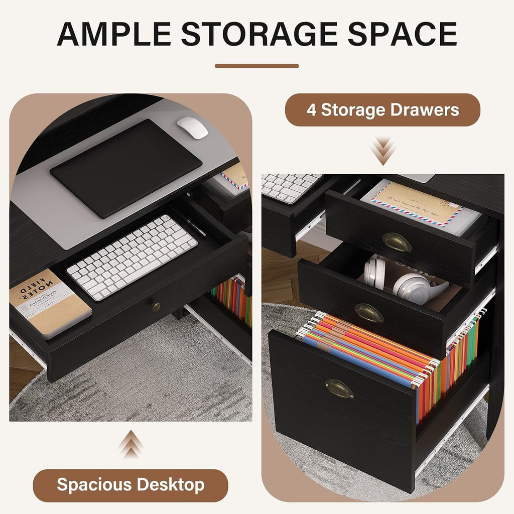 4 EVER WINNER Black Desk with Drawers, Small Desk with File Drawer and Monitor Stand, Computer Desk with Storage, Writing Desk for Bedroom Home Office, Black