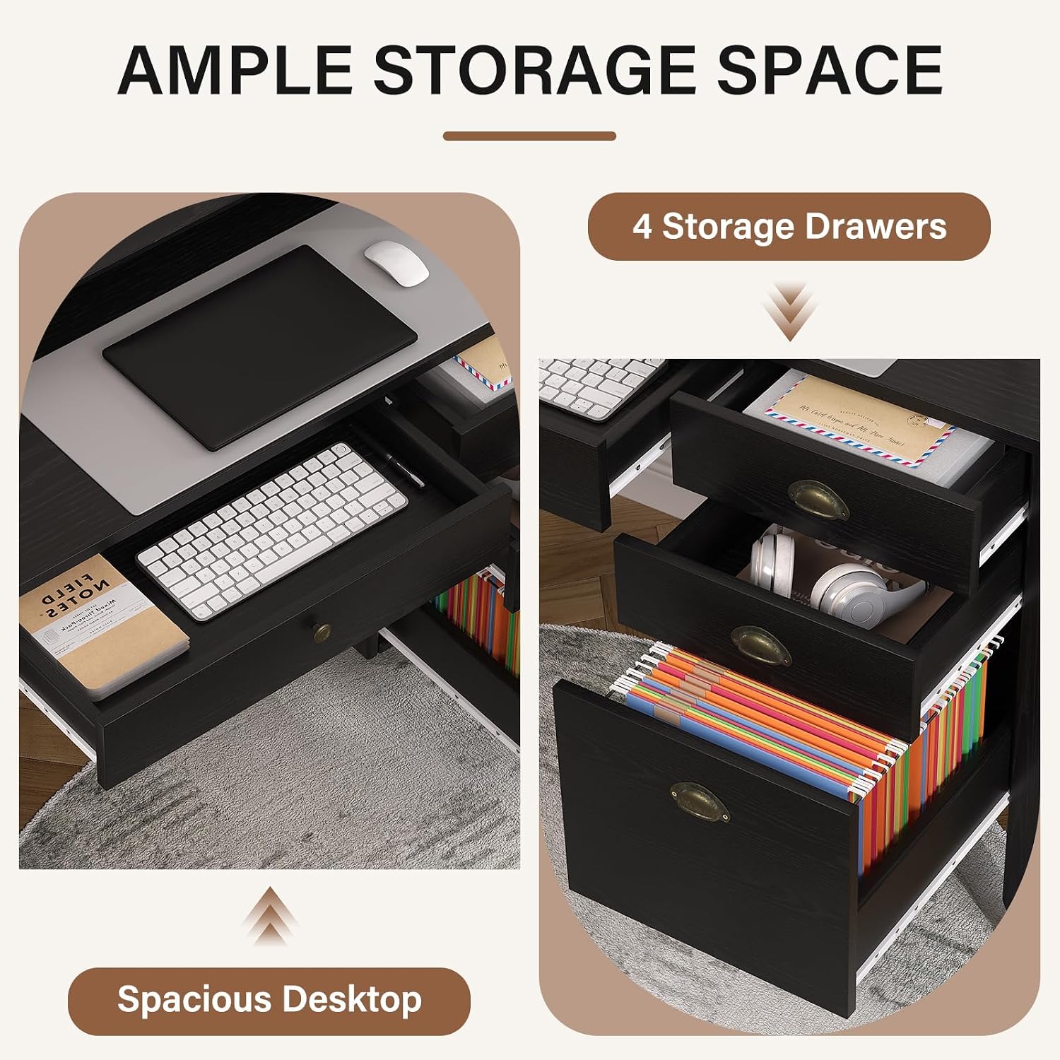 4 EVER WINNER Black Desk with Drawers, Small Desk with File Drawer and Monitor Stand, Computer Desk with Storage, Writing Desk for Bedroom Home Office, Black