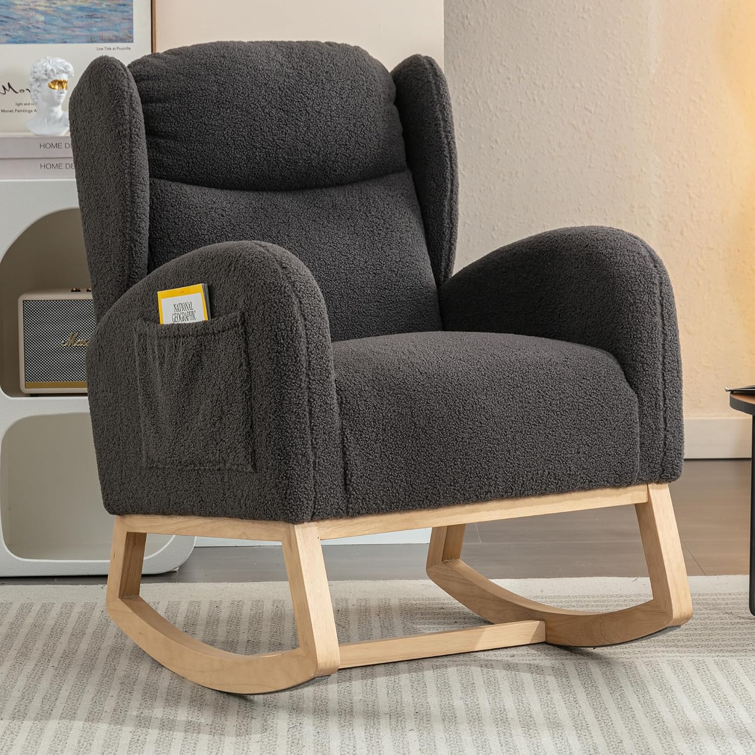 Nursery Glider Chair - Wingback Teddy Upholstered Rocking Chair with High Backrest, Ergonomic Rocker Chair for Breastfeeding & Baby Room, Modern Accent Armchair for Living Room & Bedroom, Gray