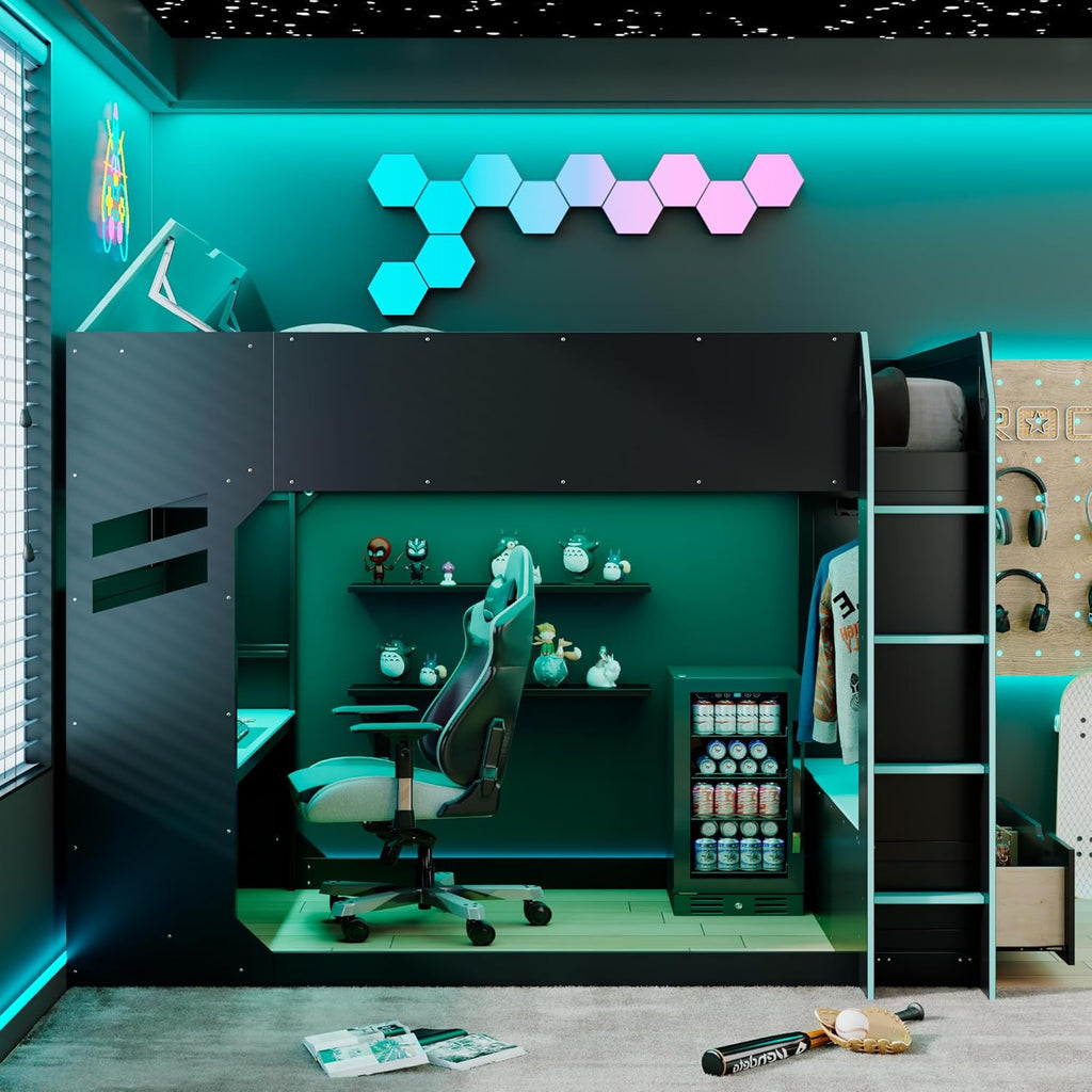 Merax Wood Loft Bed with Height-Adjustable Desk,Drawers,Storage Compartments,Hanging Rod and RGB Lights, Full Size, Blue