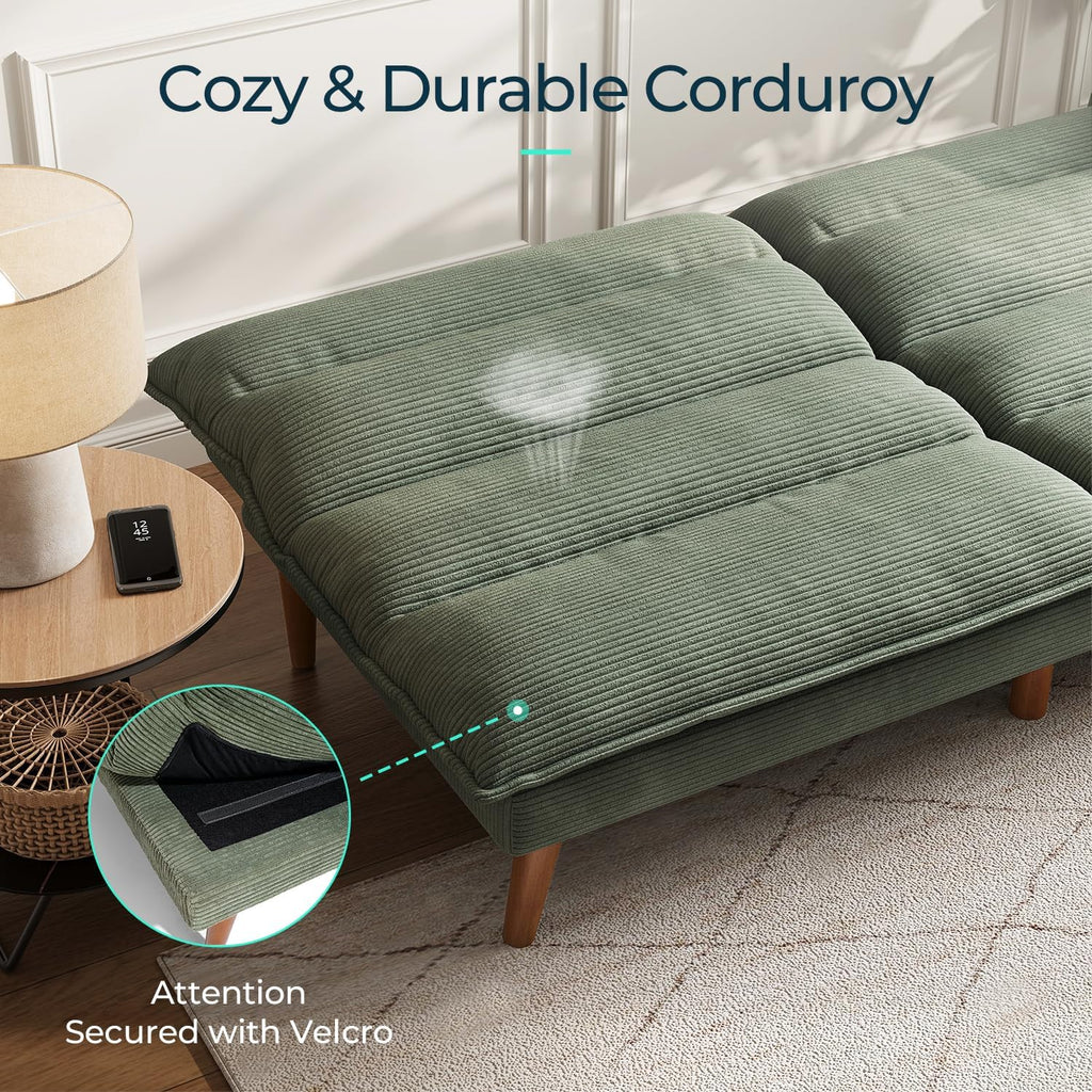 LINSY HOME Futon Sofa Bed - Convertible Corduroy Futon Couch Bed with Adjustable Backrest, Modern Small Loveseat Sleeper Sofa for Small Spaces, Living Room, Apartment or Office (Green)