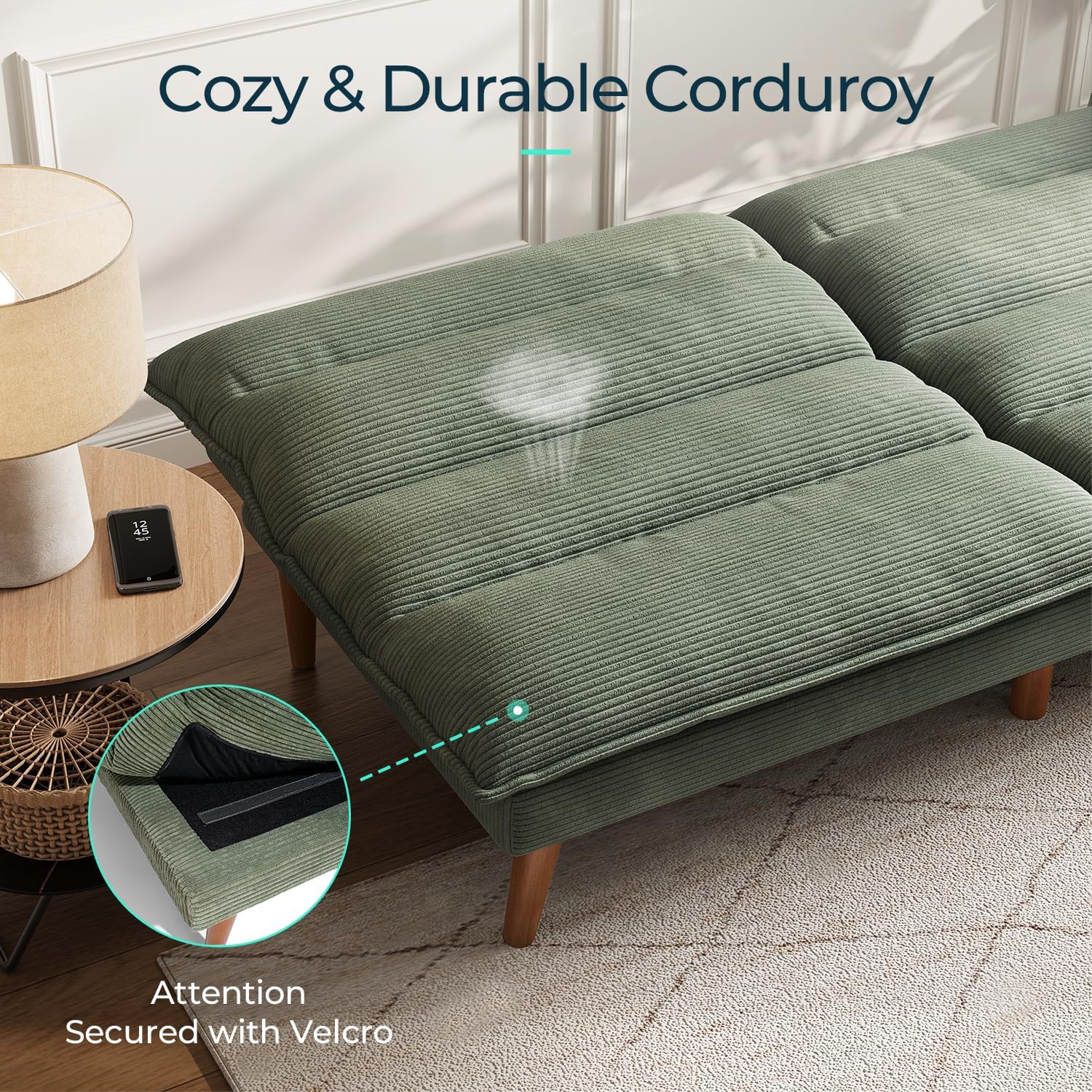 LINSY HOME Futon Sofa Bed - Convertible Corduroy Futon Couch Bed with Adjustable Backrest, Modern Small Loveseat Sleeper Sofa for Small Spaces, Living Room, Apartment or Office (Green)