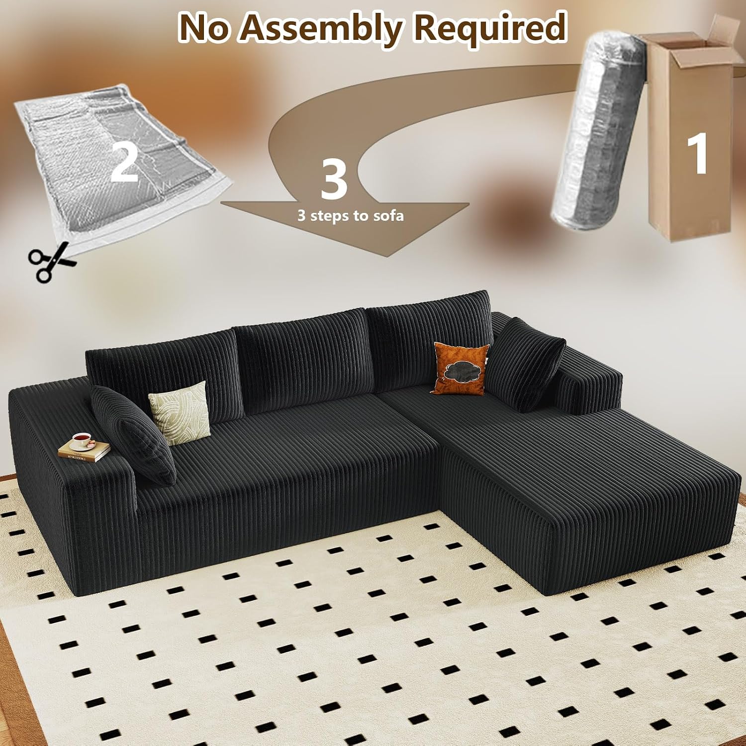 96' Modular Sectional Couch, Boneless L Shaped Cloud Sofa with Chaise Lounge, Corduroy Upholstered Couches Memory Foam Deep Seat, No Assembly Required, Ideal for Living Room(Black, Right Facing)