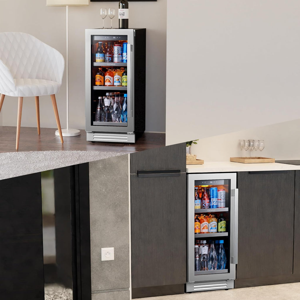 Ca'Lefort Beverage Refrigerator 15 Inch, 100 Cans Mini Fridge with Double Glass Door, Built-in or Freestanding Drink Cooler with Amber LED Light, Beverage Fridge for Kitchen Bar Office(Left-Hinged)
