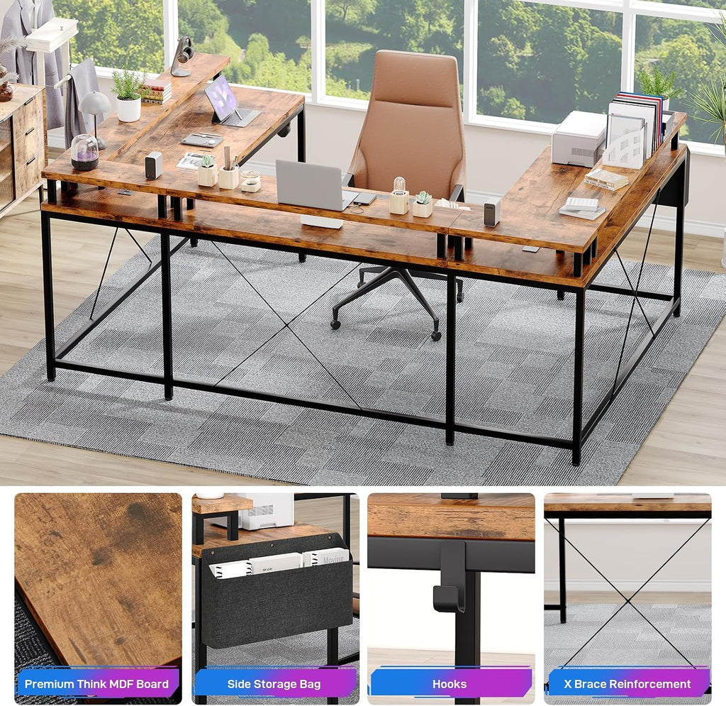 126' U Shaped Gaming Desk, Power Outlets & USB Ports, Reversible Corner Computer Desk with Monitor Stand, RGB LED Lights, Storage Shelves & Bag, Gaming Desk for Home Office, Tiger Stripes, Rustic Brow