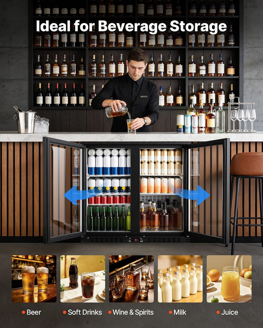VEVOR Back Bar Cooler, 7.4 Cu. Ft Commercial Beverage Refrigerator, Under Counter Bar Fridge with 2 Glass Doors, LED Lighting, Shelves, Low-E Glass Display Cooler for Beer, Soda, Wine, Drinks