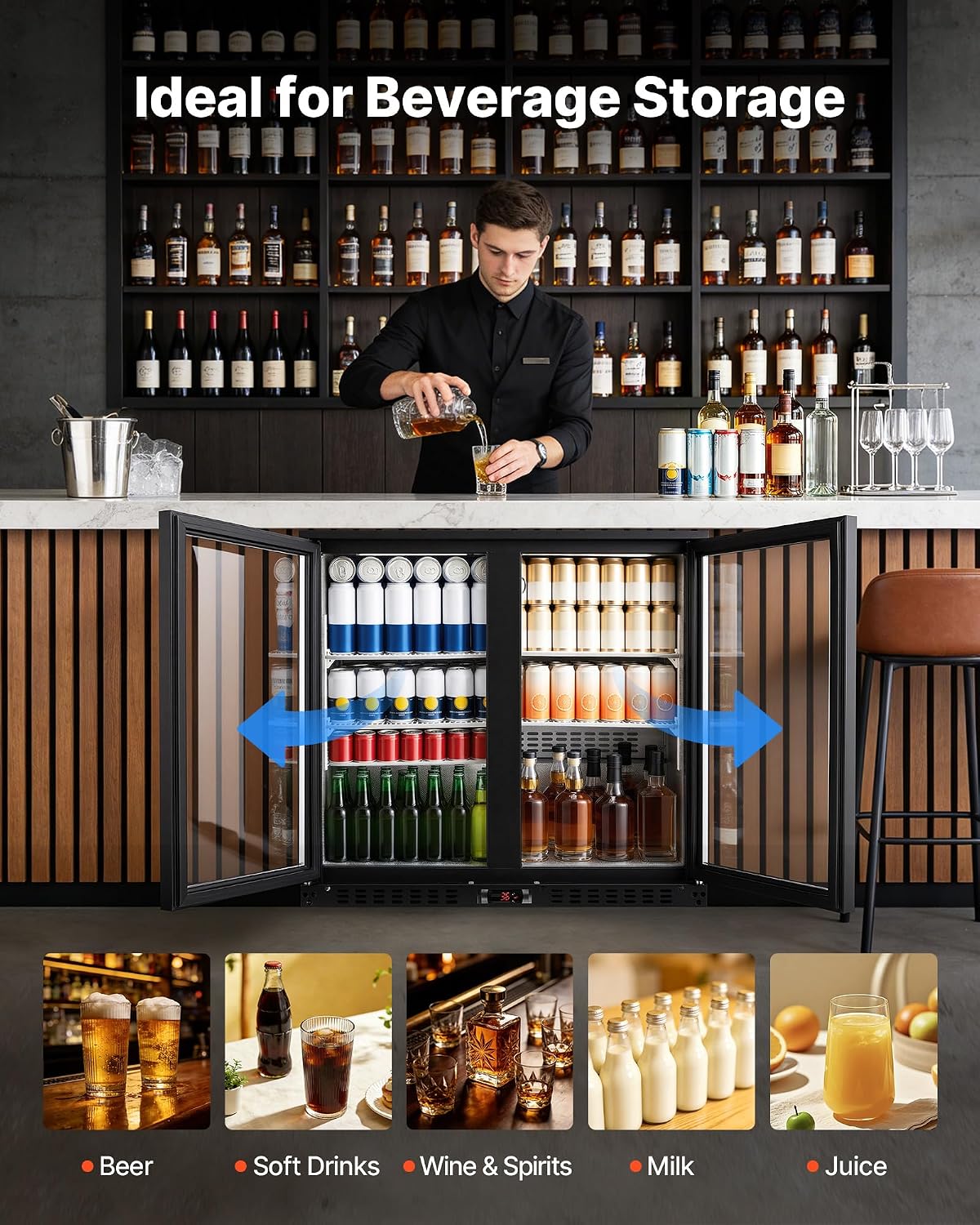 VEVOR Back Bar Cooler, 7.4 Cu. Ft Commercial Beverage Refrigerator, Under Counter Bar Fridge with 2 Glass Doors, LED Lighting, Shelves, Low-E Glass Display Cooler for Beer, Soda, Wine, Drinks