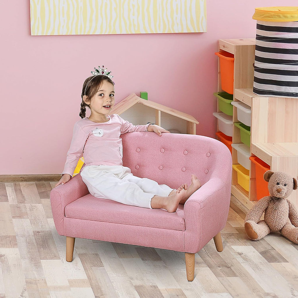 Qaba 2-Seat Kids Sofa, Toddler Sofa Couch, Linen-Like Fabric and Wooden Frame Sofa Chair for Ages 3-7, 11' High Seat, Pink