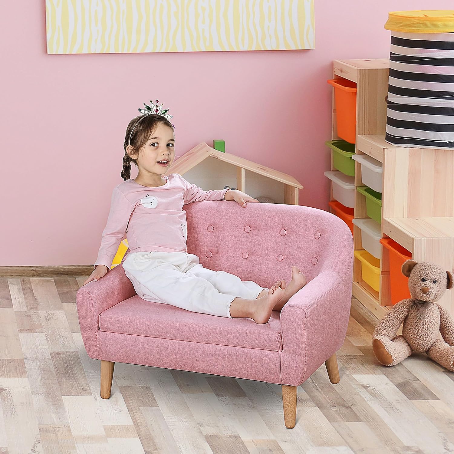 Qaba 2-Seat Kids Sofa, Toddler Sofa Couch, Linen-Like Fabric and Wooden Frame Sofa Chair for Ages 3-7, 11' High Seat, Pink
