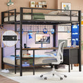 DICTAC Full Over Twin Bunk Bed with Desk and Charging Station Metal Full Over Twin Size Bunk Bed with Led Lights,Storage Shelves and Drawers,Bunk Beds for Teen/Adult with Safety Guard & Stairs,Black