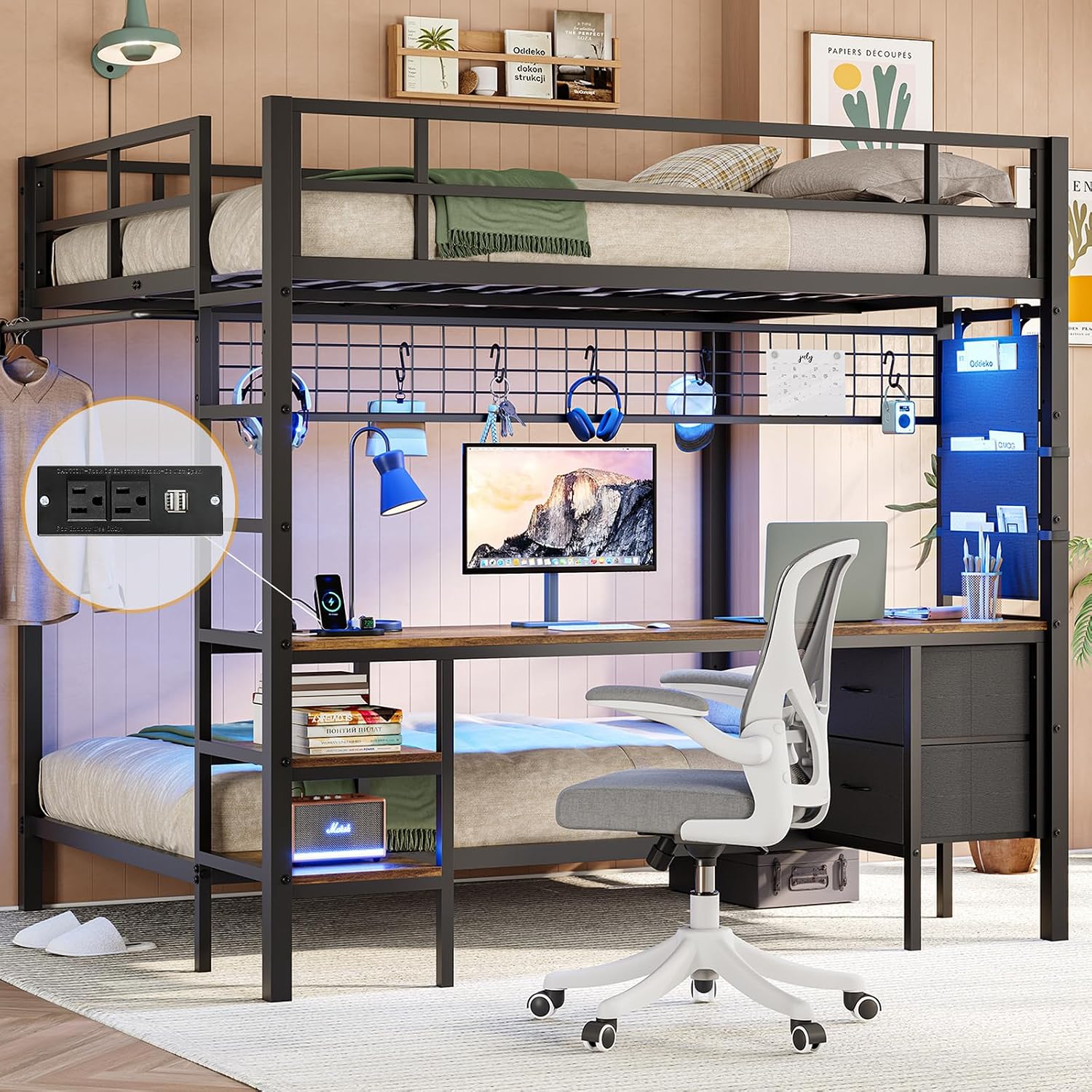 DICTAC Full Over Twin Bunk Bed with Desk and Charging Station Metal Full Over Twin Size Bunk Bed with Led Lights,Storage Shelves and Drawers,Bunk Beds for Teen/Adult with Safety Guard & Stairs,Black