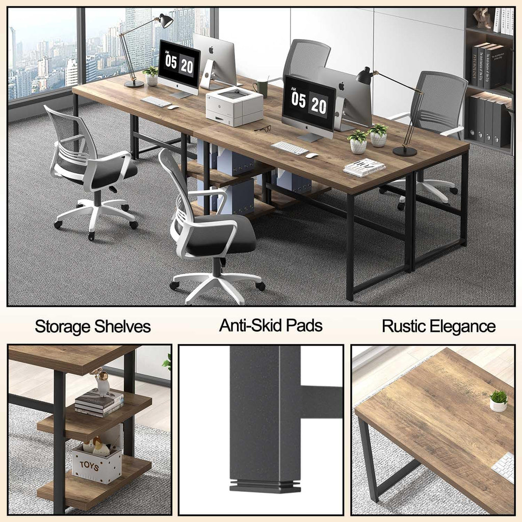 FOLUBAN 60 Inch Home Office Desk, Large Computer Desk with Storage Shelves, Modern Wood and Metal Writing Study Gaming Table Workstation for Living Room, Rustic Oak