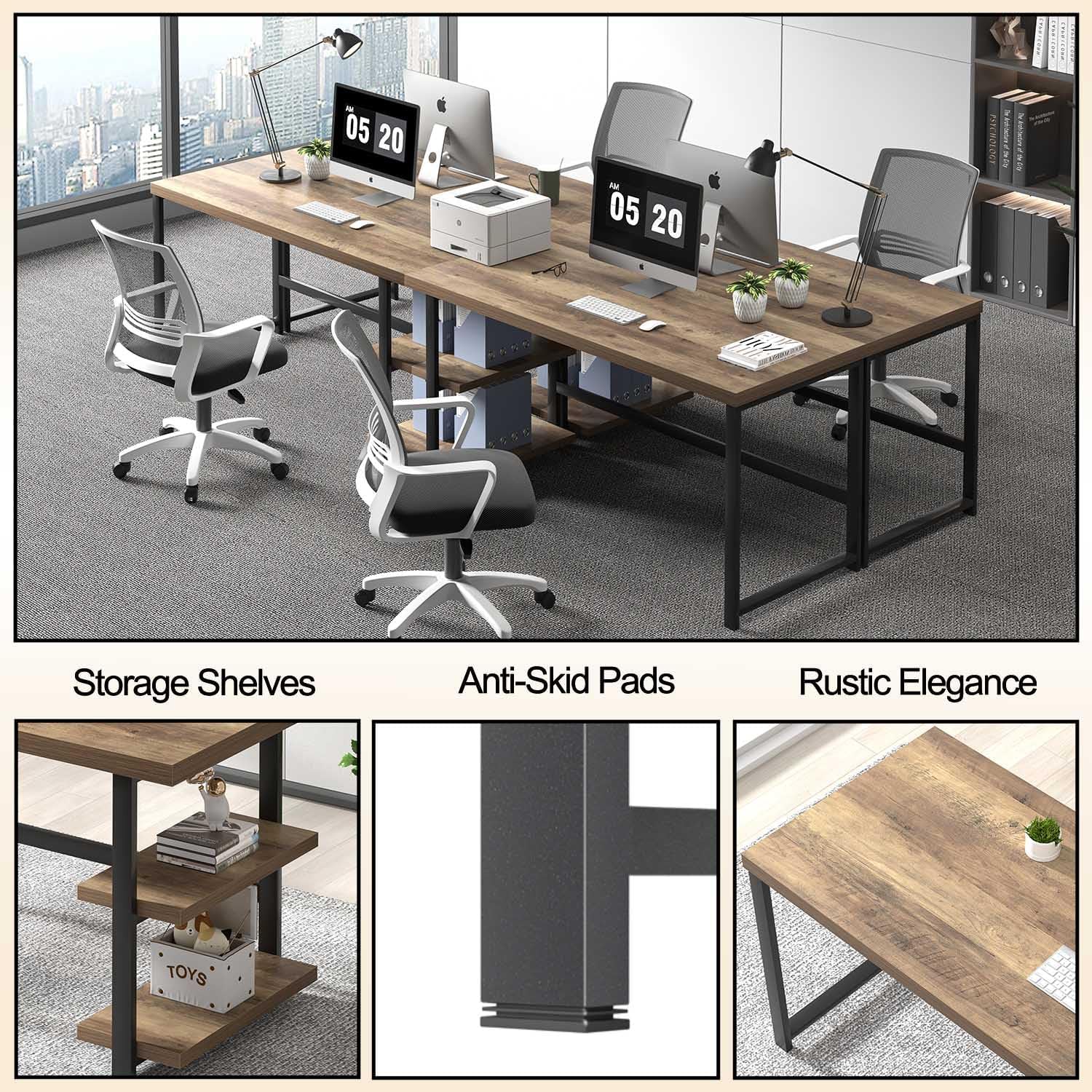FOLUBAN 60 Inch Home Office Desk, Large Computer Desk with Storage Shelves, Modern Wood and Metal Writing Study Gaming Table Workstation for Living Room, Rustic Oak