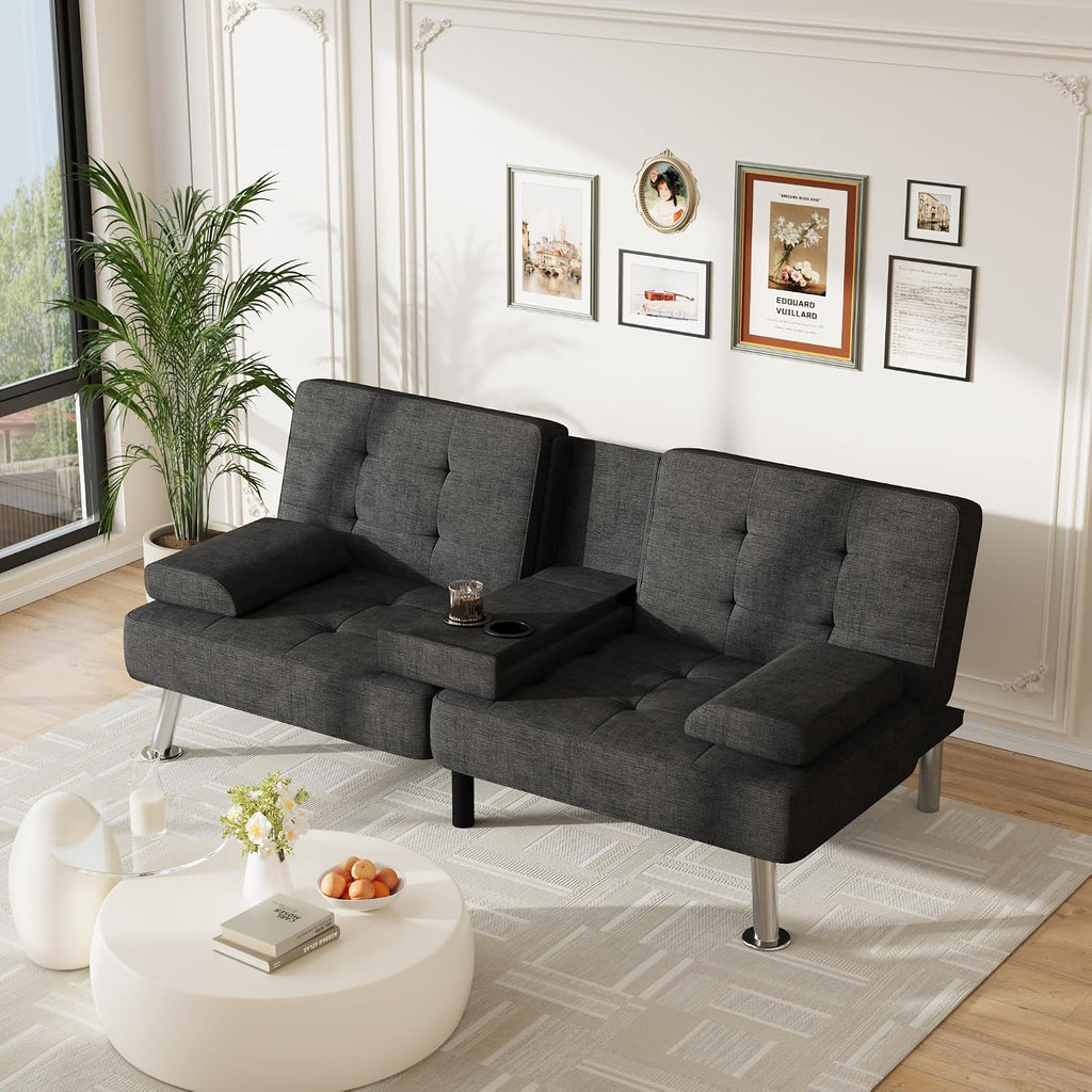 Furmax Futon Sofa Bed Adjustable Futon Couch Sleeper Sofa Bed for Living Room, Business Office, Recliner Sofas with Cup Holders (Fabric, Black)