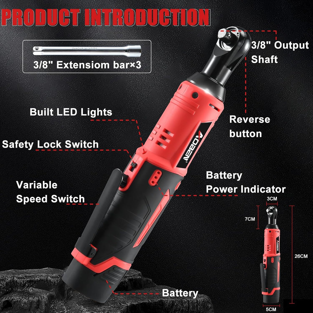 AOBEN Cordless Electric Ratchet Wrench with 83pc 1/4' to 3/8' impact sockets set,12V Electric Wrench with Variable Speed,3/8' to 1/4' Adapter, 3' Extension Bar
