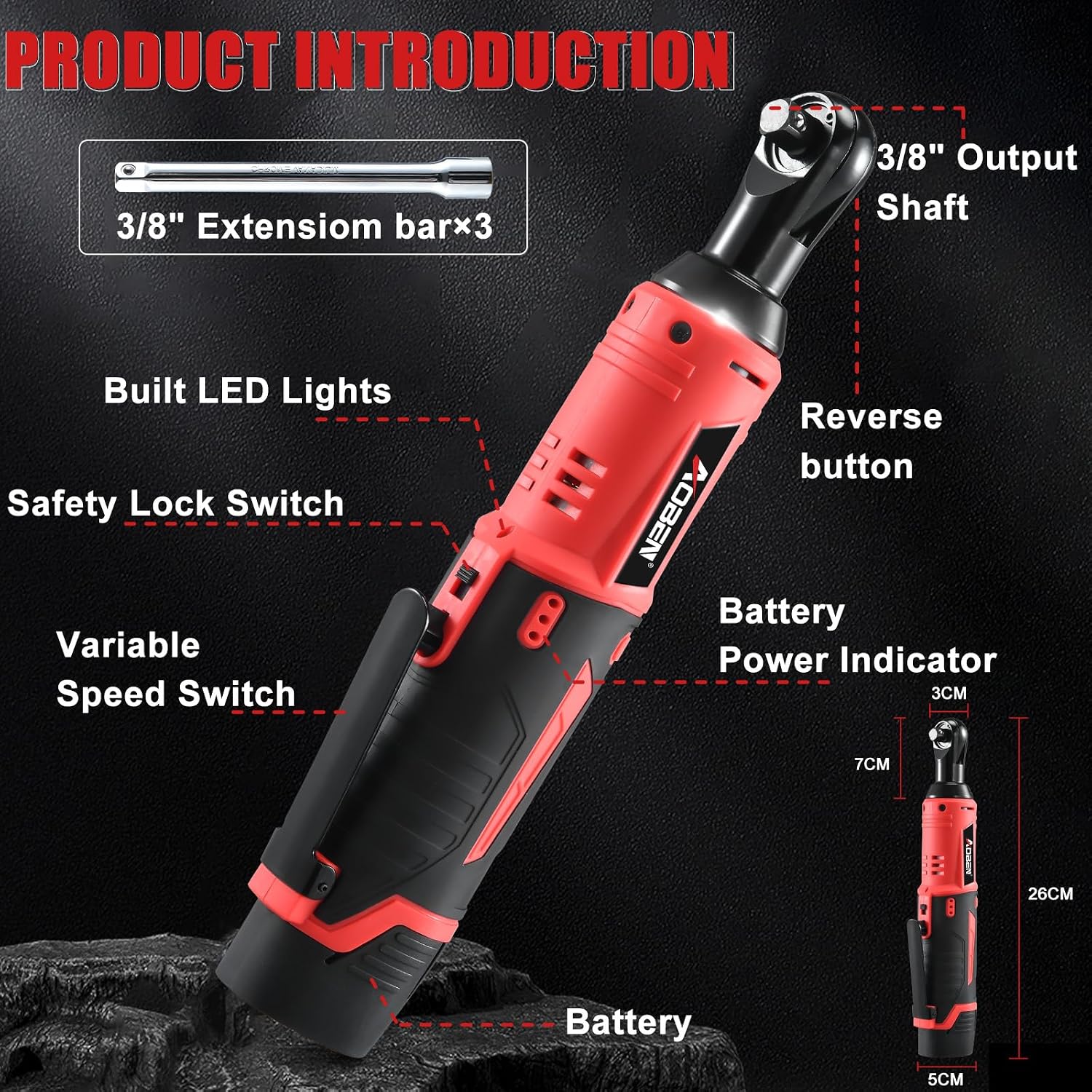 AOBEN Cordless Electric Ratchet Wrench with 83pc 1/4' to 3/8' impact sockets set,12V Electric Wrench with Variable Speed,3/8' to 1/4' Adapter, 3' Extension Bar